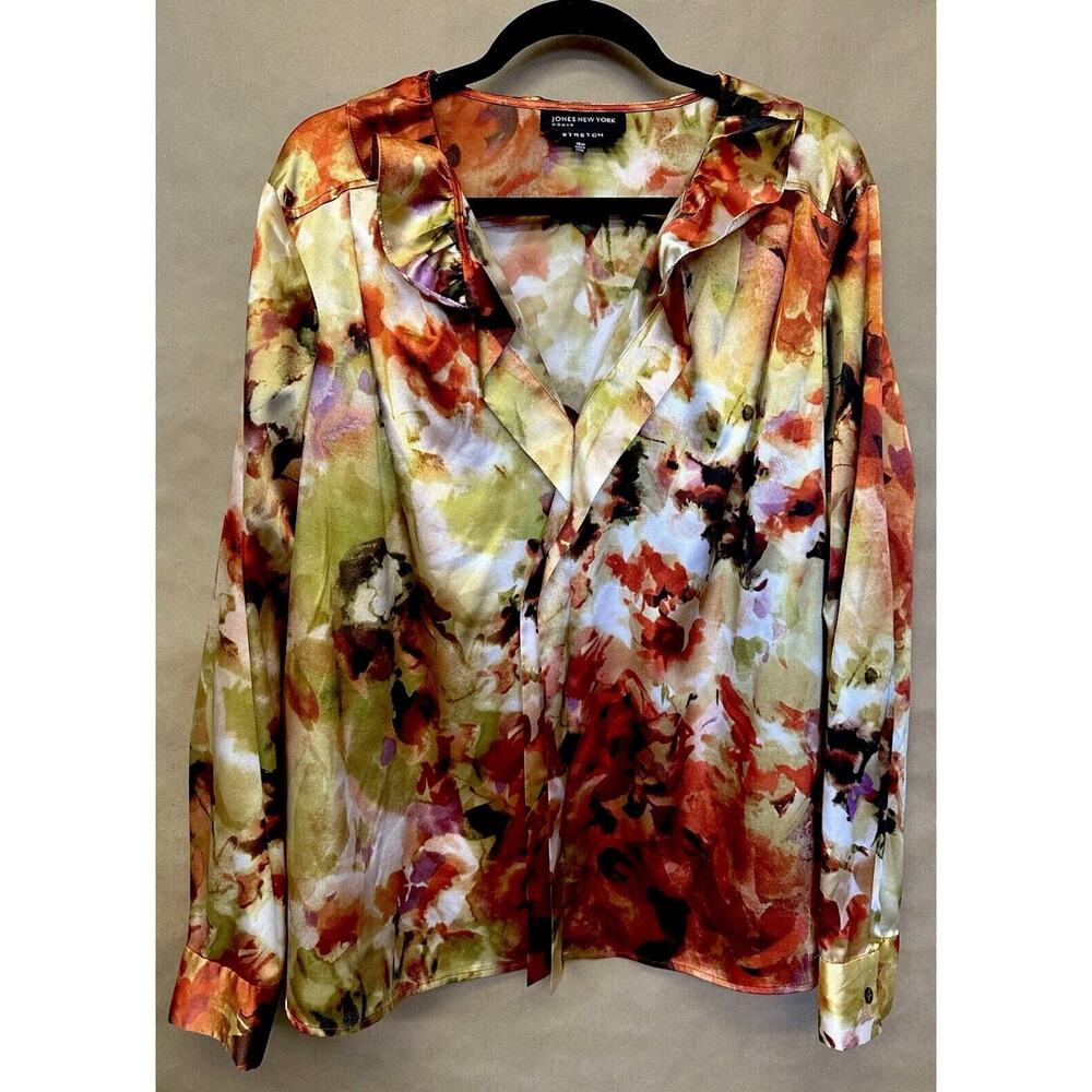 JONES NEW YORK Satin Stretch Abstract Print Blouse w/ Feminine Details 18w EUC